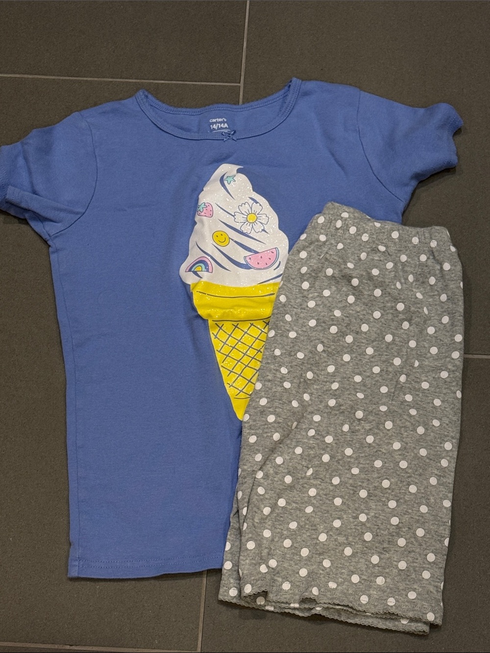 Kids Periwinkle Ice Cream Graphic and Gray Polka Dot Shorts Pajama Set Size 14